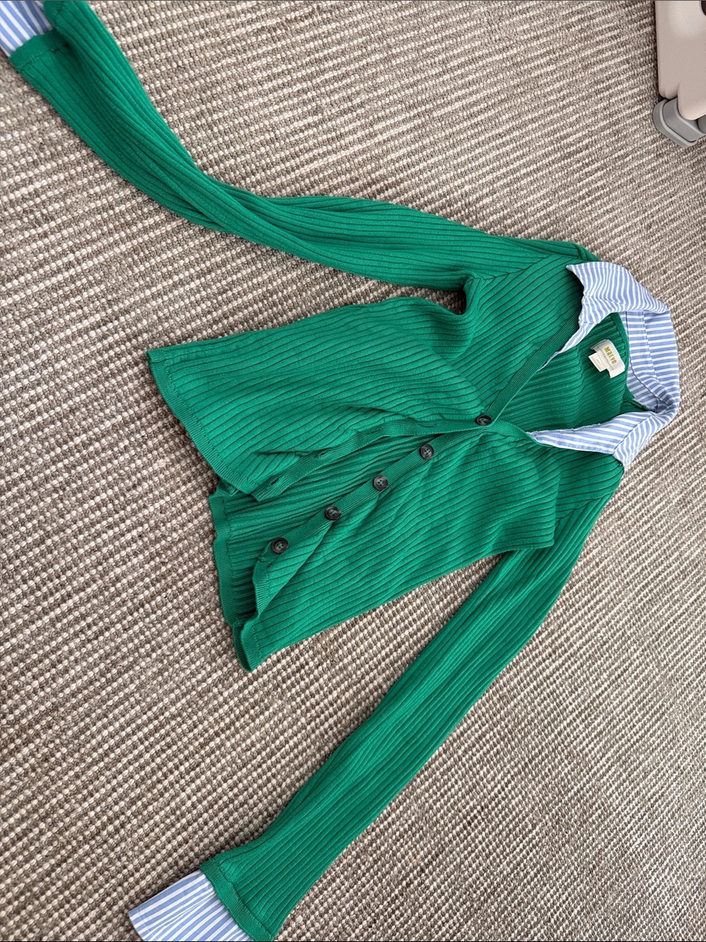 Anthropologie Green Ribbed Button-Up Cardigan with Striped Collar